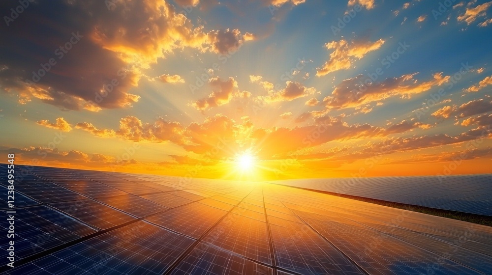 Poster golden rays filter through fluffy clouds as the sun dips below the horizon, casting a warm glow over