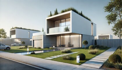 A modern minimalist house with a cubist design, large glass windows and a roof garden in an elegant setting.