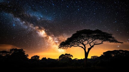 Fototapeta premium Starry skies nature concept. Silhouette of a tree against a stunning night sky filled with stars and the Milky Way.