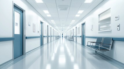 Obraz premium Long, pristine corridor in a hospital with neutral tones, open doors to patient rooms, and comfortable seating in the waiting area