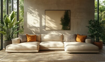 Cozy Modern Living Room Minimalist Design Beige Sectional Sofa Natural Light Scandinavian Style