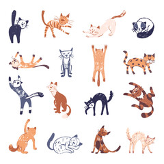 Fototapeta premium Grunge abstract kittens. Children style crayon draw, isolated cats in different poses. Cat rest and sleep, jump, has fun. Pets characters neoteric vector set