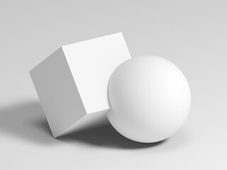 Abstract white geometric installation, a box intrersected with sphere, 3d