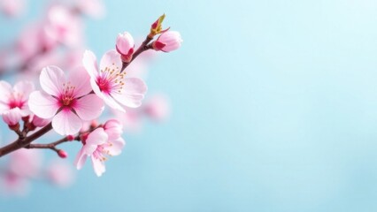 Obraz premium Branch of blooming pink sakura flowers on light blue background and space for text