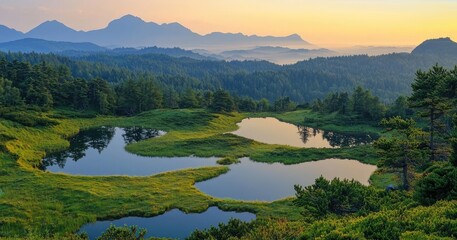 Fototapeta premium Mountains landscape nature idea. Tranquil sunrise over serene lakes surrounded by lush greenery and majestic mountains.