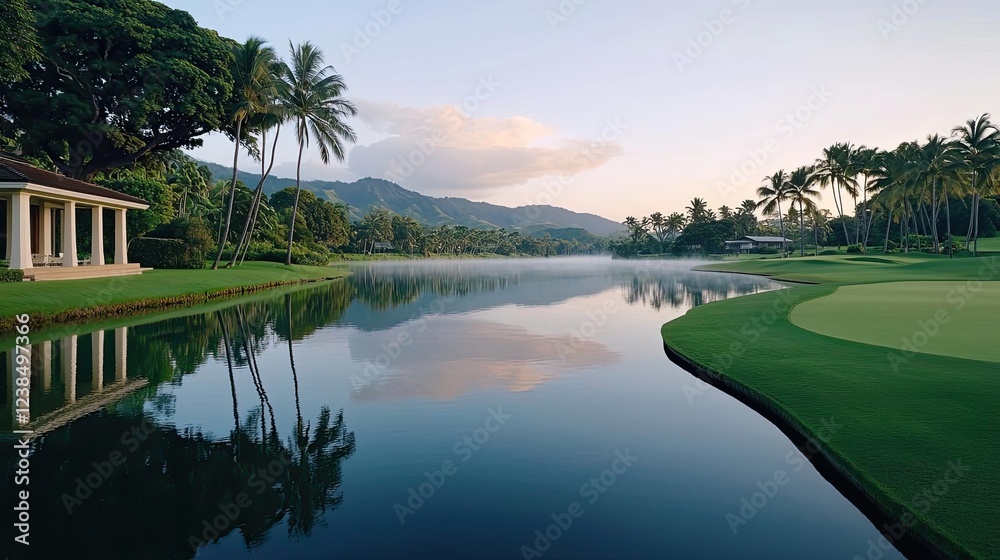 Aufkleber riverside scenes nature concept. tranquil waters reflect mountains and palm trees in a serene golf c