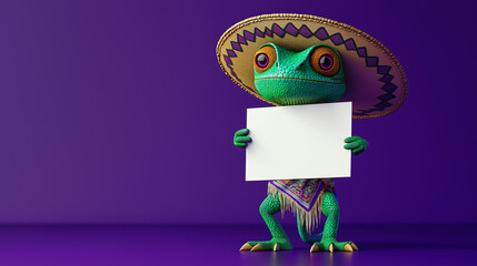 Colorful cartoon chameleon wearing a sombrero holding blank sign for festive event promotions, playful advertisements, and creative marketing designs