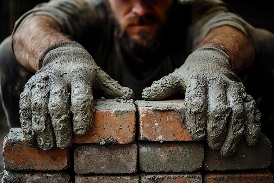 A bricklayer carefully aligning bricks while the mortar sets, his hands stained with cement.