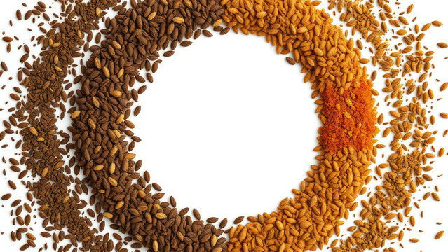 Top view of zira cumin jeera seeds arranged in a circle on white backdrop, flavor, spice mix, round, top view