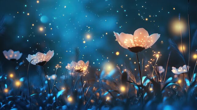 A mystical night garden with glowing moonflowers and sparkling fireflies under a starry sky.