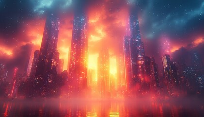 Naklejka premium Cityscape view at dusk, with buildings aglow, fog rolling in by a body of water