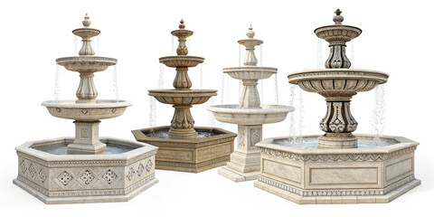 A Beautiful Collection Set of Antique Fountains Isolated on a White Background for Artistic Display