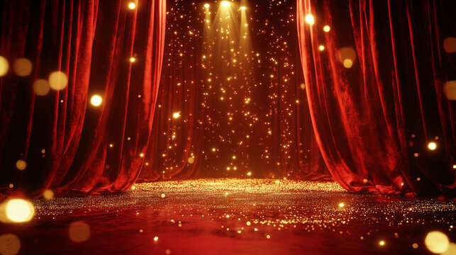 Elegant red stage curtains with golden sparkling lights for luxury event promotions, theatrical performances, and glamorous award ceremony backgrounds. Sophisticated backdrop with empty copy space 