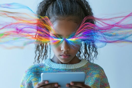 A young girl with curly hair holds a smartphone, vibrant rainbow strands emerge from her eyes, symbolizing creativity and imagination in a playful and colorful setting