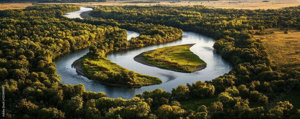 Poster riverside scenes nature concept. aerial view of a winding river surrounded by lush greenery and open