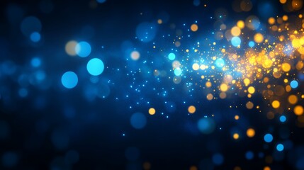 Falling confetti on blue background, abstract background with dark blue and gold particle. Golden light shine particles Bokeh on navy blue background, celebration concept
