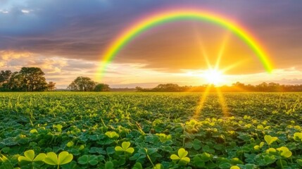 Obraz premium Rainbow Sunset Over Lush Green Clover Field
