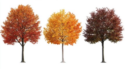 Naklejka premium Three vibrant autumn trees showcasing fall colors: red, orange, and yellow against a white background. 