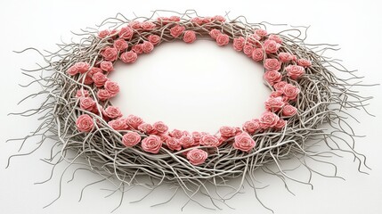 Elegant floral wreath made of branches and delicate pink roses on a clean white background for decoration