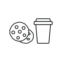 Drink and chocolate chip cookies set food icon in flat style, featuring a refreshing beverage in a cup with a straw and a stack of delicious chocolate chip cookies.