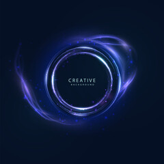 Abstract background with blue swirl effect around bright circles with bright glow on black background.