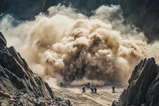 Dust clouds rise as workers engage in rock blasting at remote mountain site