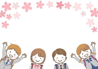 入学する子供たちと桜のフレーム
