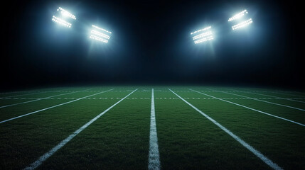 Naklejka premium Football field illuminated by stadium lights, with dark background and ample copy space for advertising or text.
