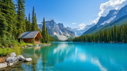 Serene Canadian Rockies Cabin on Turquoise Lake, Majestic Mountains, and Coniferous Forest
