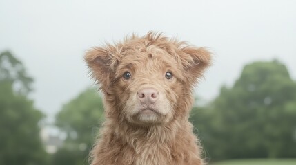 Fototapeta premium Fluffy puppy portrait, outdoors, green background, pet website