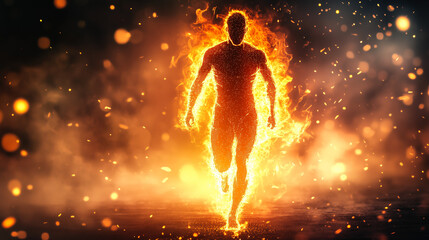 Fiery silhouette of a running figure symbolizing power, energy, and determination for sports promotions, motivational campaigns, and dynamic branding materials
