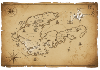 Vintage treasure map parchment isolated on white background, no depth of field, sharp.