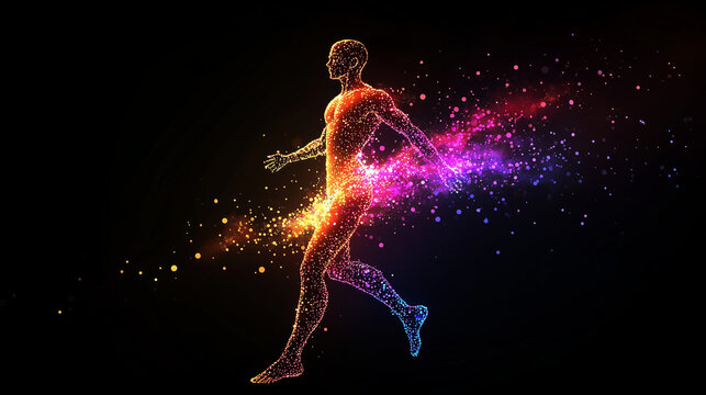 Vibrant neon silhouette of a dynamic running figure made of glowing particles for fitness technology promotions, sports branding, and digital innovation campaigns