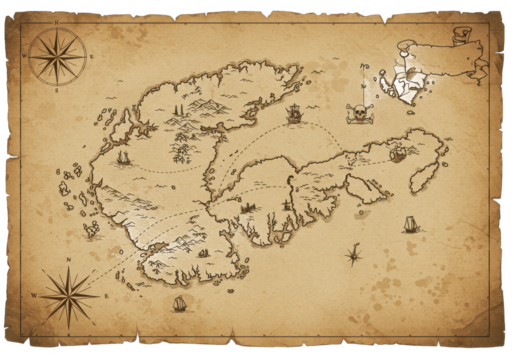 Vintage treasure map parchment isolated on white background, no depth of field, sharp.