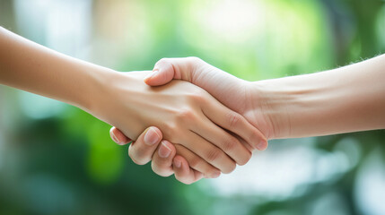 Friendly handshake symbolizing trust and cooperation with natural green background for community projects, partnership announcements, and environmental initiatives