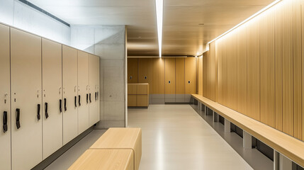 Obraz premium Interior of a modern stadium locker room with sleek wooden benches, clean white lockers, and soft overhead lighting, minimalist design with copy space.