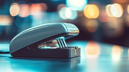 Close-up of a gray stapler on a reflective surface with a blurred city lights background at night.