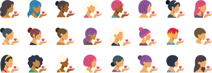 Women with various hairstyles and ethnicities holding hearts, symbolizing love, care, and diversity