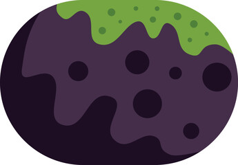 Dark round asteroid floating in space with craters and green goo dripping