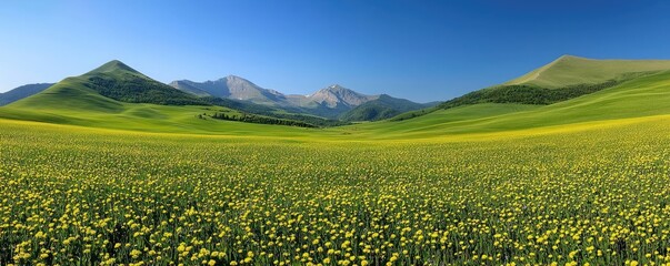 Fototapeta premium Wildflower fields nature concept. Vibrant green fields with distant mountains under a clear blue sky, conveying natural beauty.