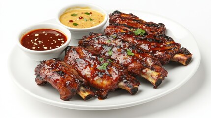 BBQ Ribs, Two Sauces, Plate, White Background, Food Photography