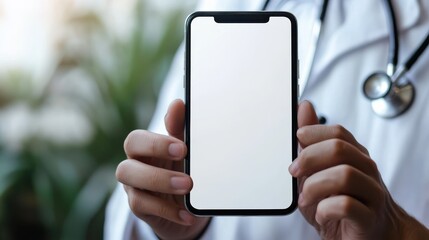 Male doctor holding cell phone in hands using blank white mockup screen technology ehealth mobile app for medical healthcare telemedicine ads, e telehealth online applications. Over shoulder view