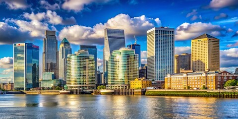 Naklejka premium Canary Wharf Skyline Panoramic View from Isle of Dogs, London - High Resolution Stock Photo