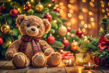 Candid Christmas Bear Celebration: Festive Teddy Bear Enjoying Holiday Cheer