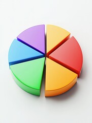 Fototapeta premium Detailed 3D pie chart with vibrant segments, set against a white flat background, clean and professional design, clear text space, modern aesthetic