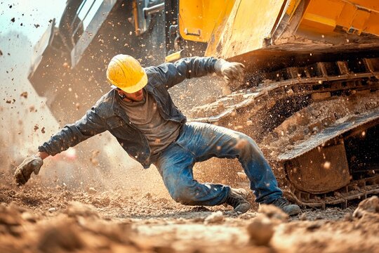 Construction worker slips while operating heavy machinery on a dusty worksite