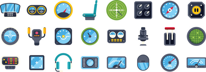 Airplane cockpit icons feature dashboard panels with speedometers, altimeters, navigation instruments, and pilot seats for flight control and monitoring
