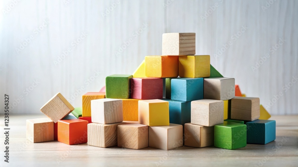 Aufkleber a colorful collection of wooden blocks arranged in a pyramid shape on a light wooden surface