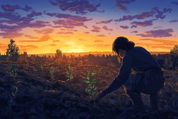 Obraz premium A lone woman plants saplings in a field during a vibrant sunset, symbolizing hope and renewal.
