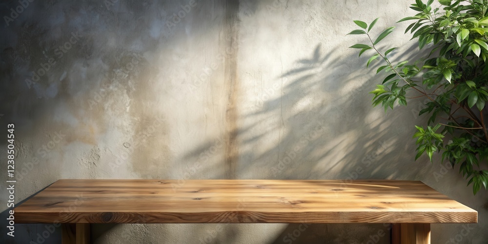 Aufkleber rustic wooden tabletop display against a textured wall with natural sunlight and greenery